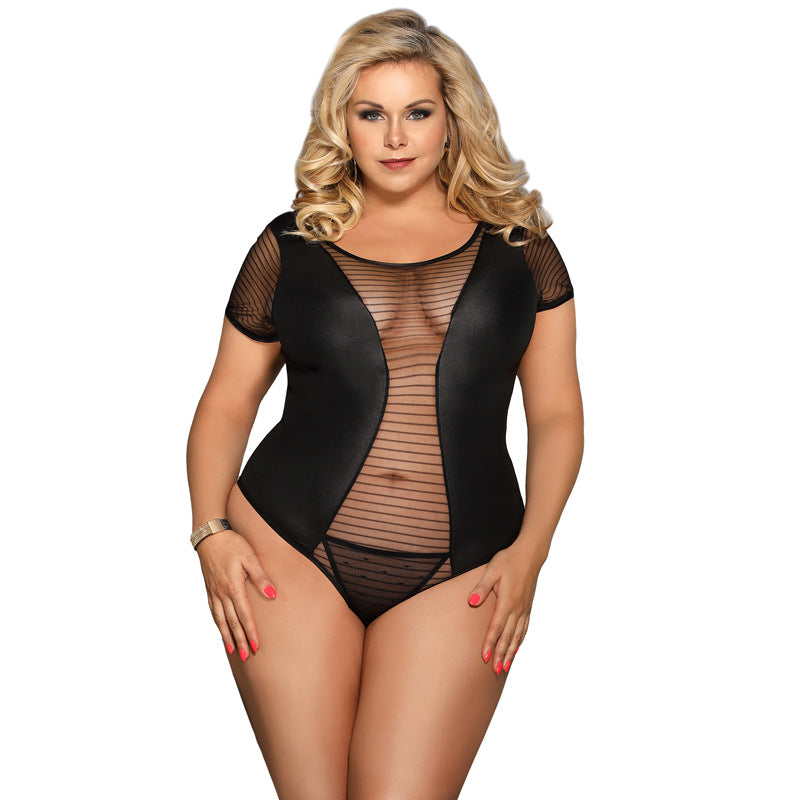 Plus Size Women's Erotic Lingerie Faux Leather Striped Mesh Patchwork See-through Sexy One-piece