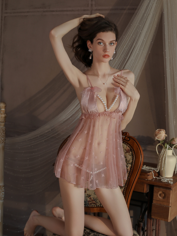 Lace See-Through Pearl Strap Sexy Nightdress