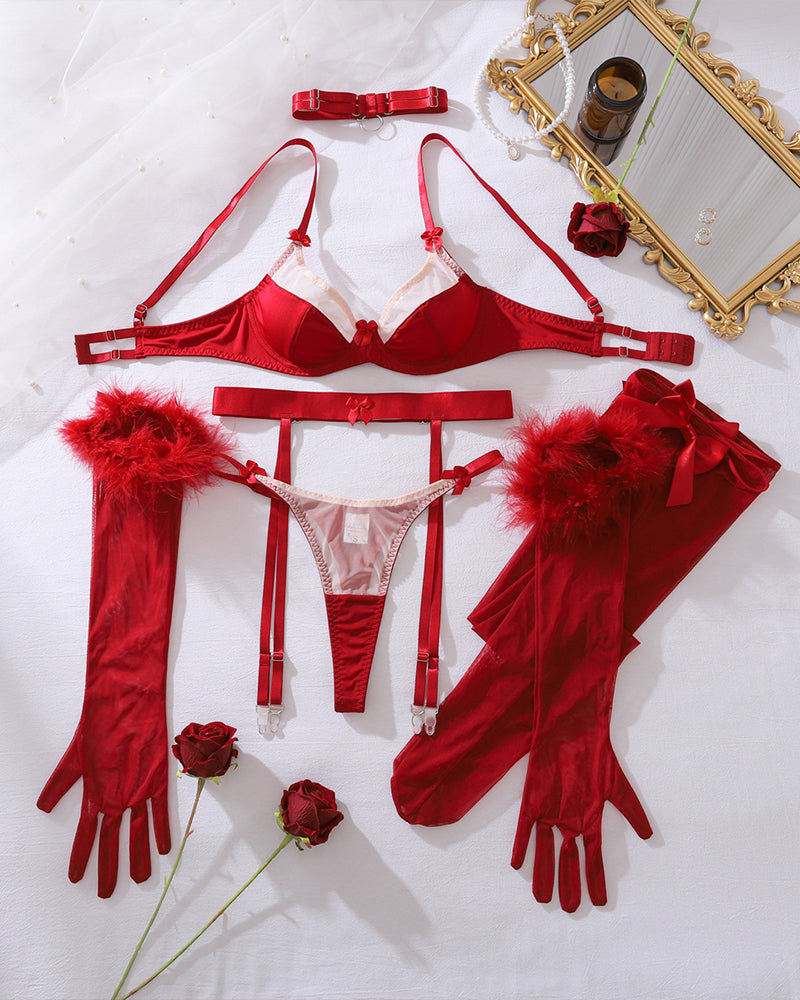 Bow Bra and Panty Set+Gloves+Stockings