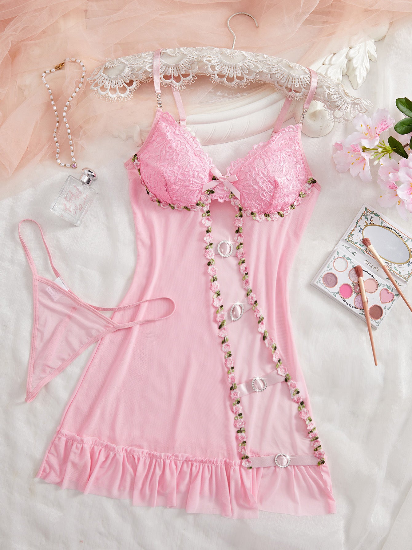 Sexy Strap Hollow Sheer Suspender Dress With Thong Set