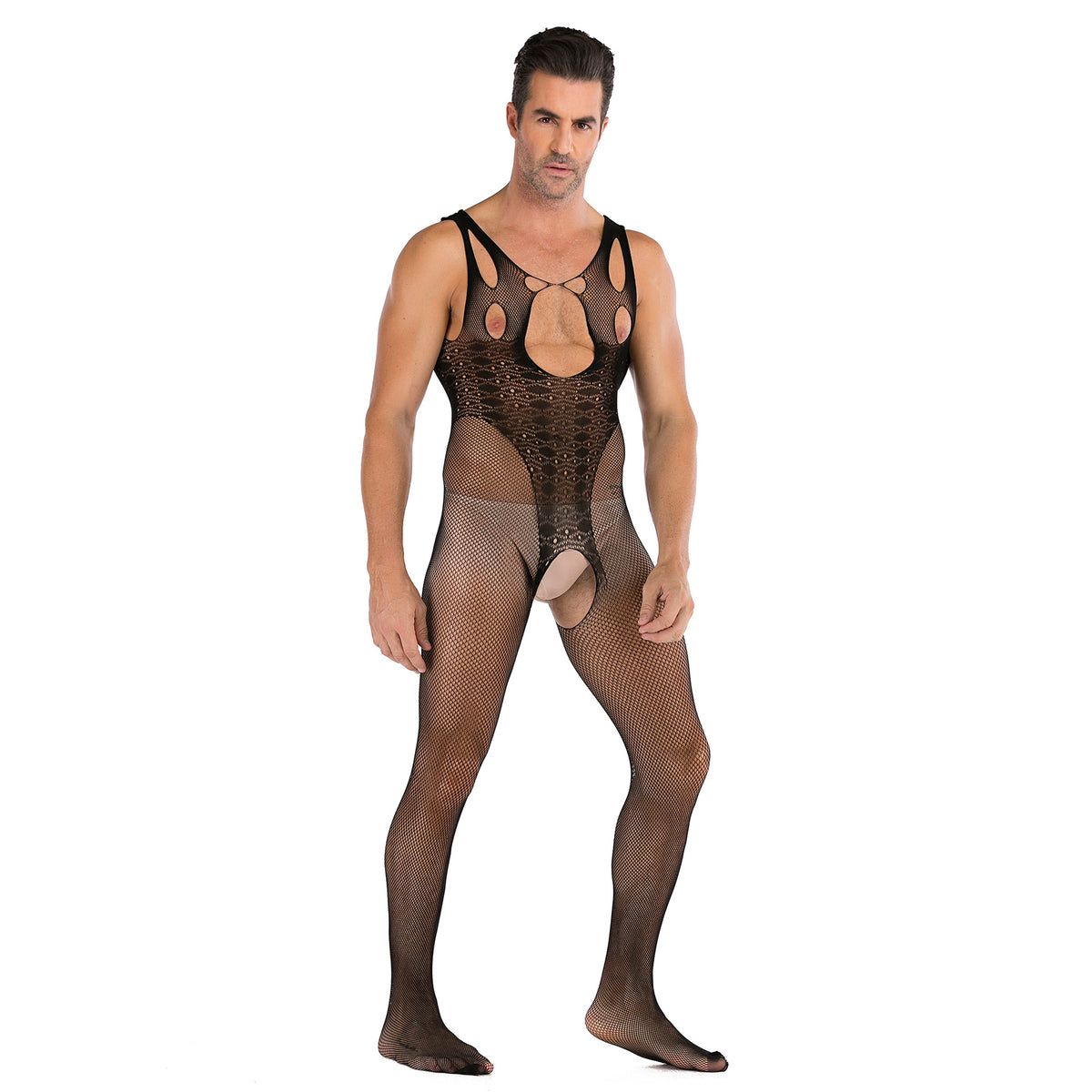 Men's See-through Open-chest Mesh Jumpsuit