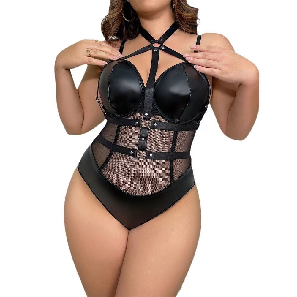 Sexy Mesh Plus-Size Mesh Hollow-Out Erotic Lingerie Tight Bodysuit Set