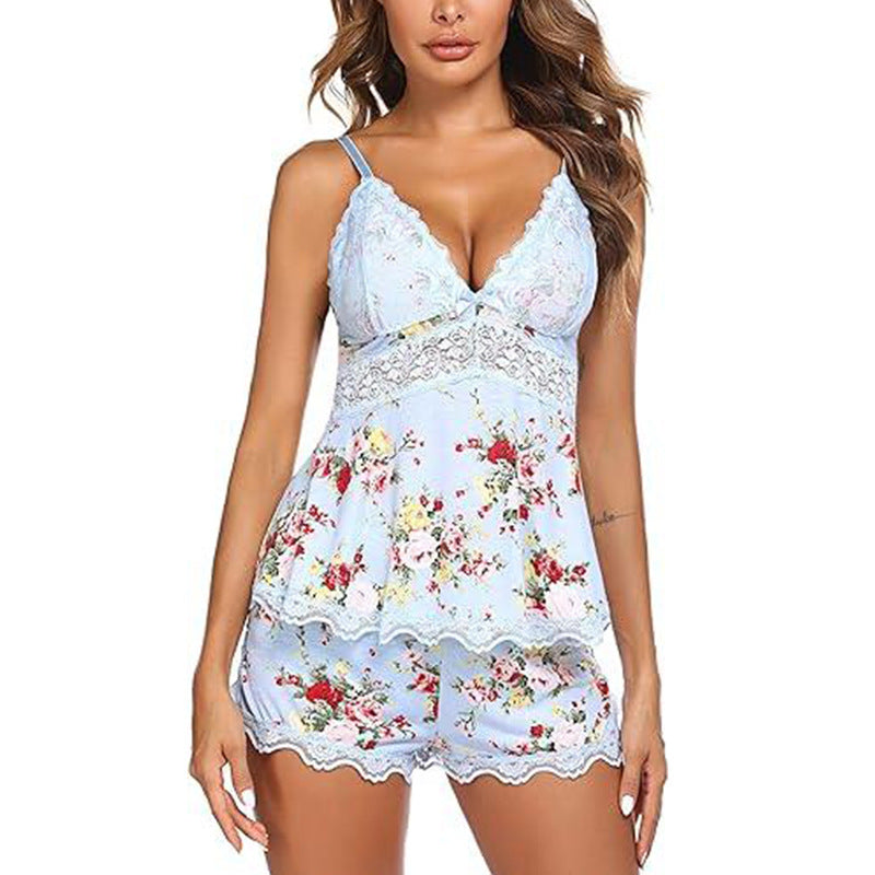 Flower V-neck Strap Sexy Lingerie Lace Edge Pajamas Suit