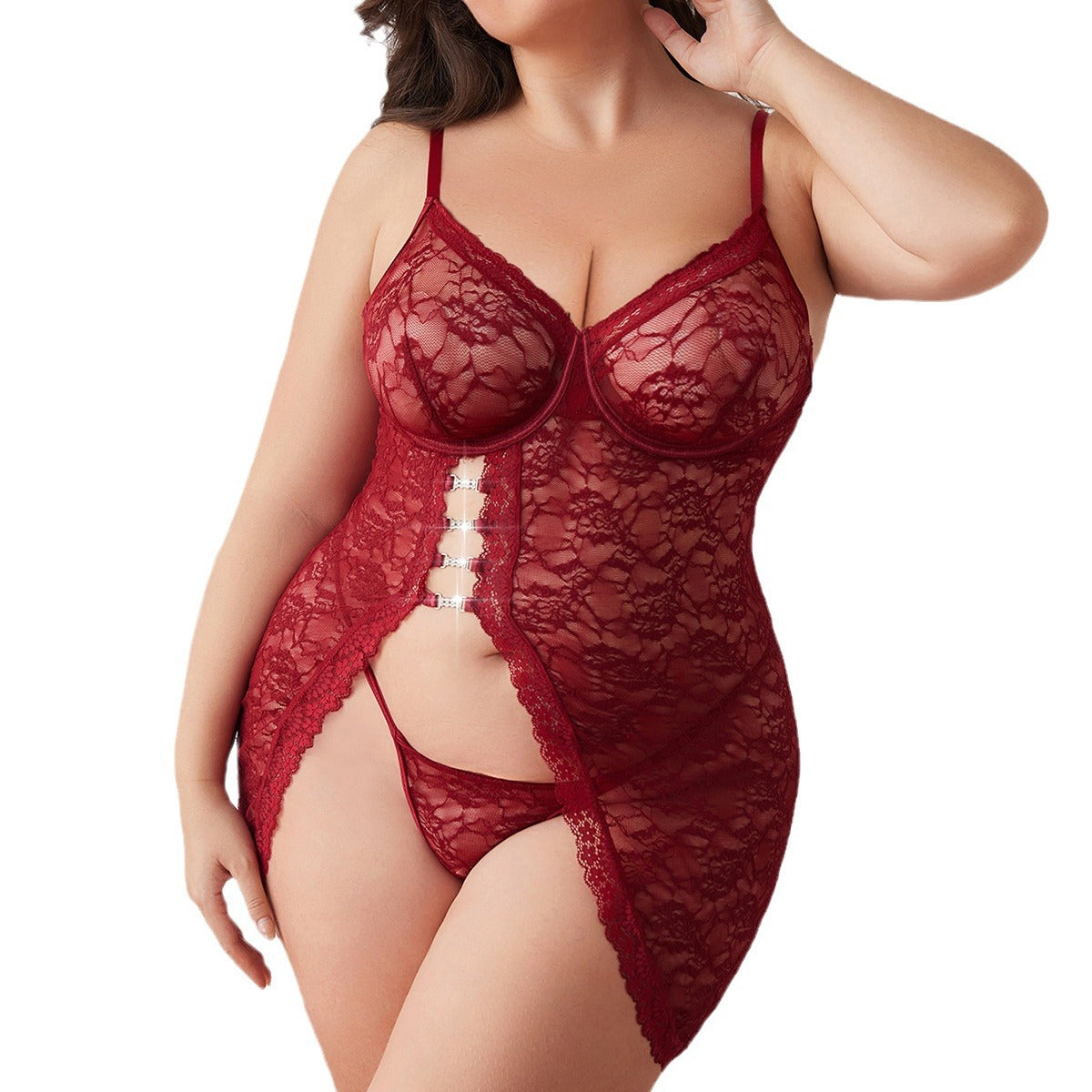 Large Size Sexy Lace Transparent Set with Suspender Slit Style Lingerie Two Piece Set