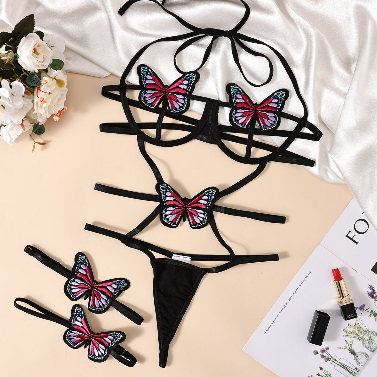 Lace Sling Halter-neck Strapped Patchwork Contrast-color Bowknot Hollow-out Backless Erotic Bodysuit