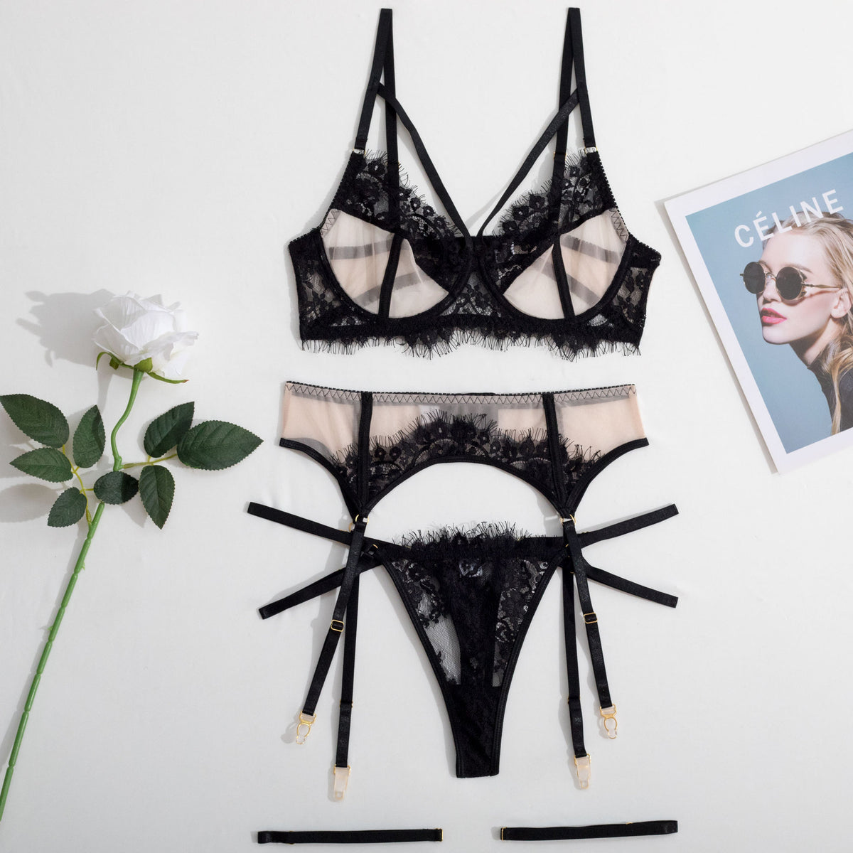 Mesh Stitching Lace Garter Sexy Lingerie Fun Suit