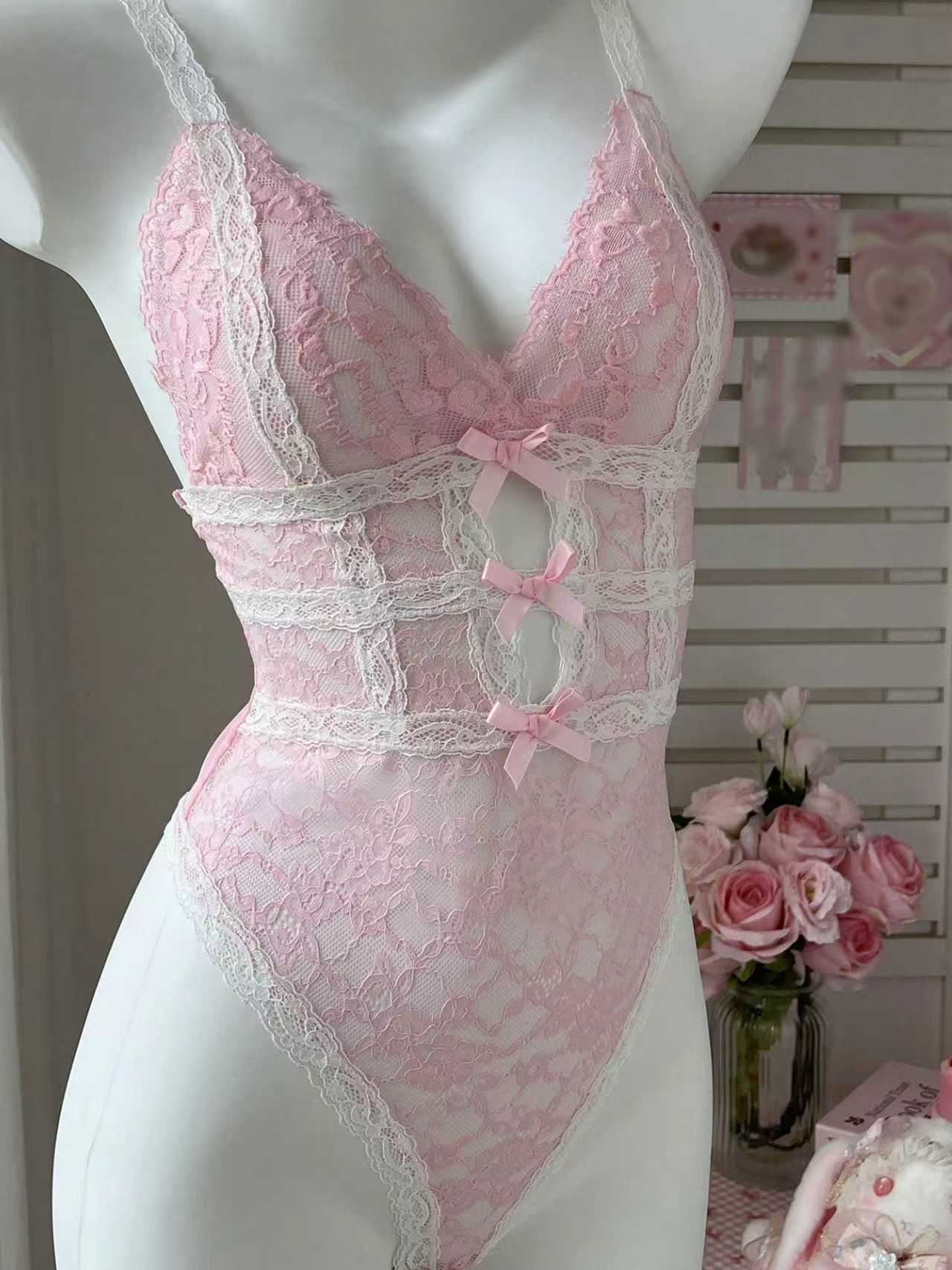 Deep V Sheer Pink Bow Lace Bodysuit