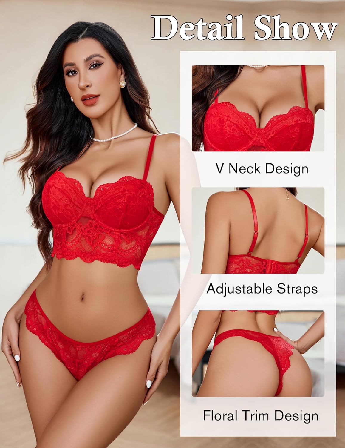 Women's Exquisite 2-Piece Lace Lingerie Set V-Neck Corset Tops Bra PantyNightwear