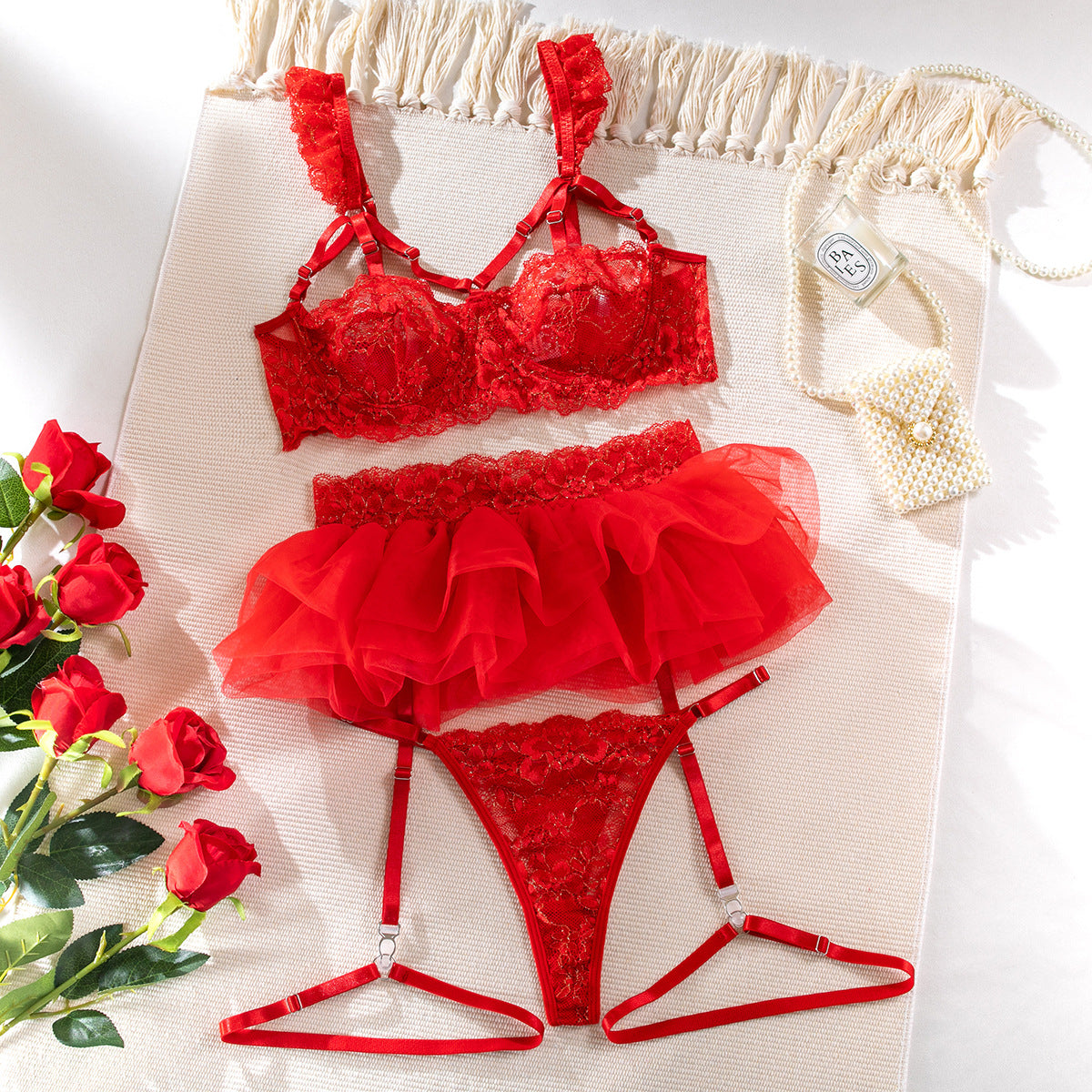 Sexy Lace Underwear Pure and Tempting Chest-Exposing Dress Cute Girlish Three-Piece Set