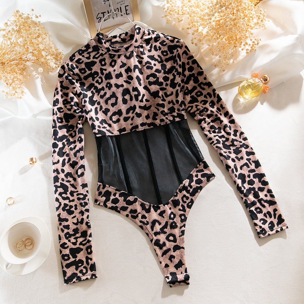 Sexy Leopard Print Mesh Body Shaping Bodysuit with Long Sleeves Leopard Print
