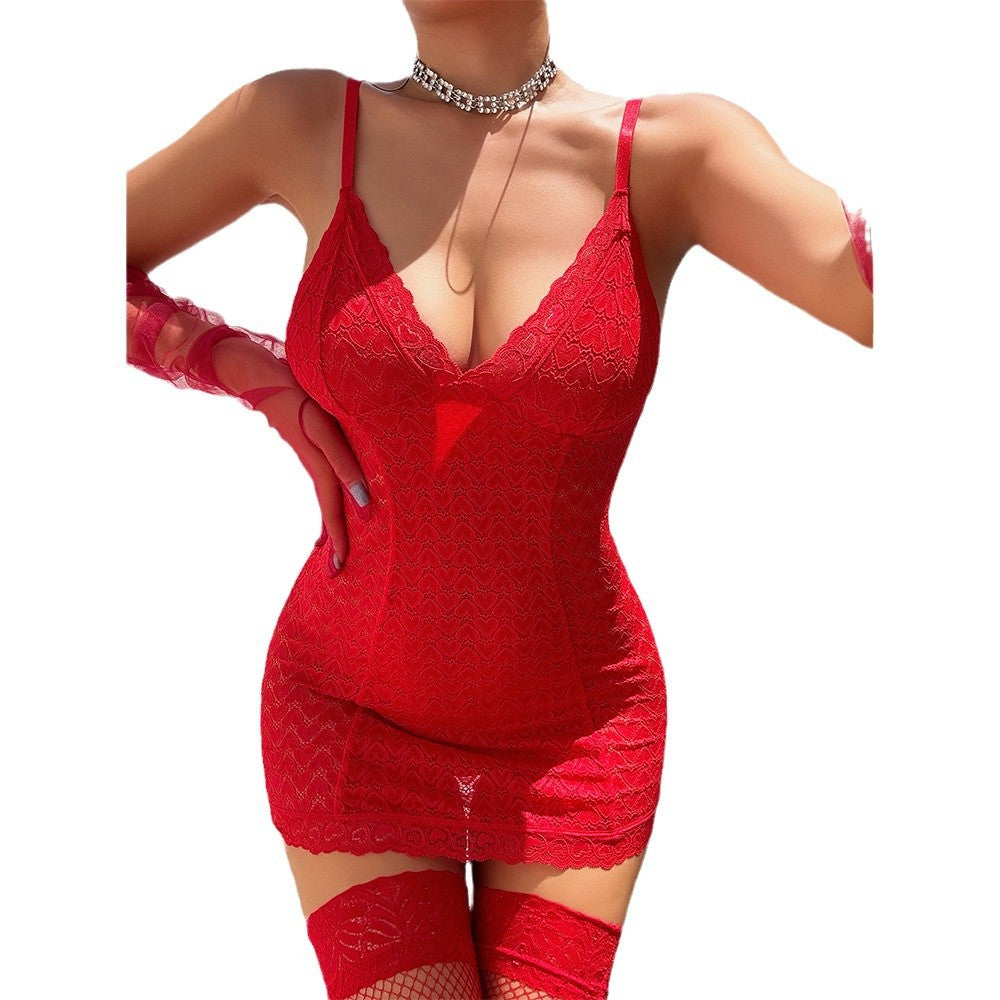 Lace See-through Seduction Nightdress T-Back Two-Piece Suit