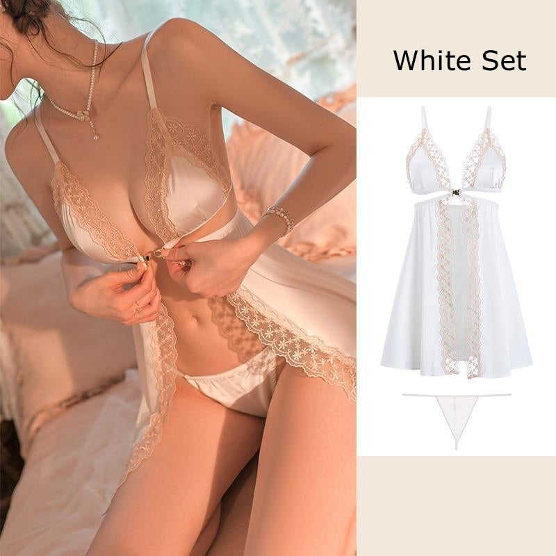 Sexy V-neck Front Buckle Lace Silk Nightgown Set