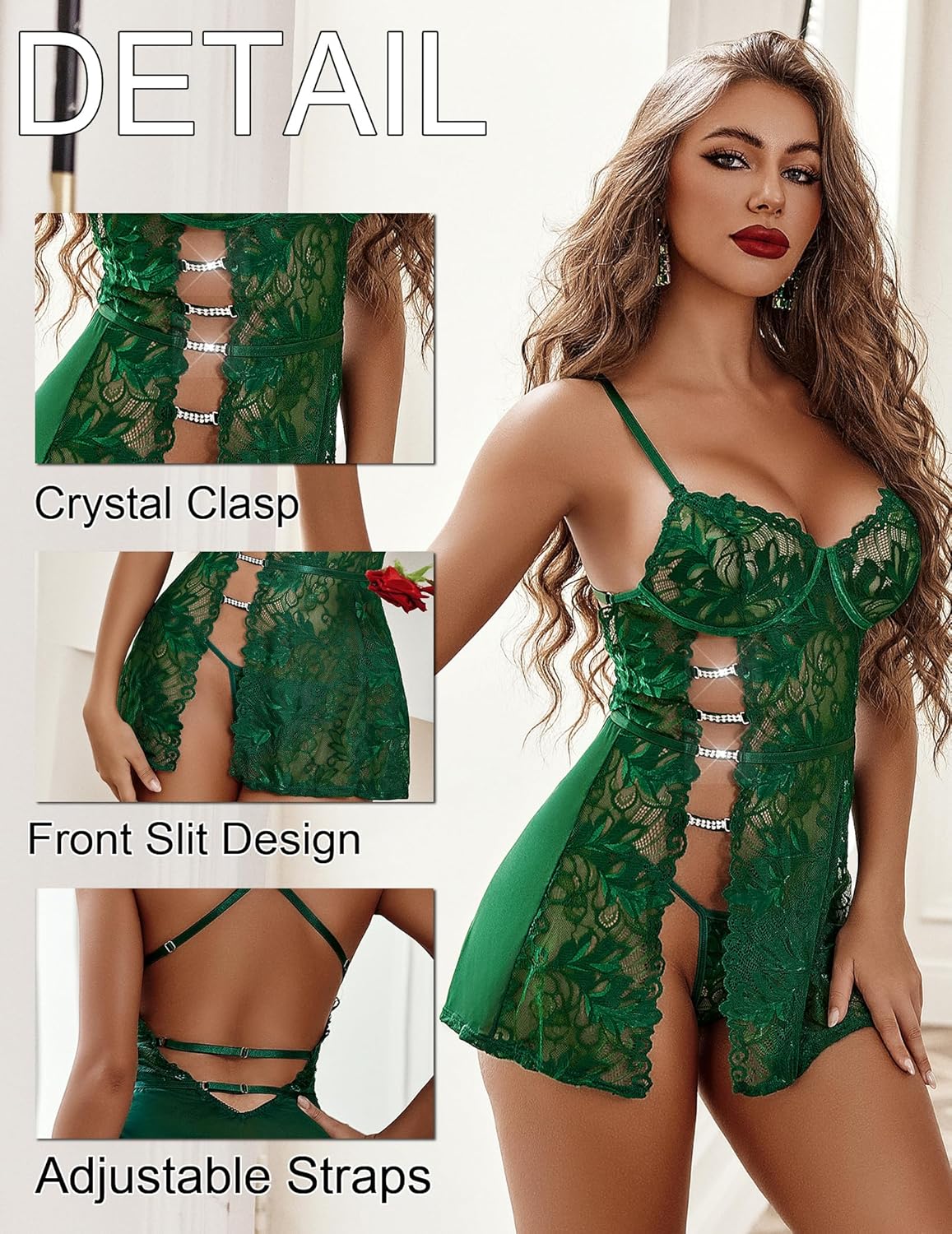 Women's Charming Lace Babydoll Lingerie Set Cute Dress with Thongs Chemise