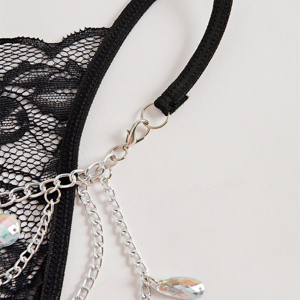 Plus Size Sexy Women's Thong Lace Water Drop Gem Embellished Breathable