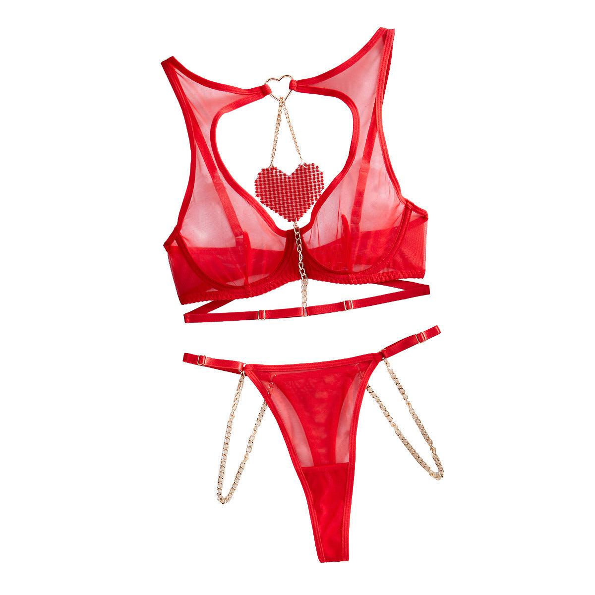 Sexy Lingerie Red Love Chain Comfortable Perspective Mesh Fun Two - piece Set