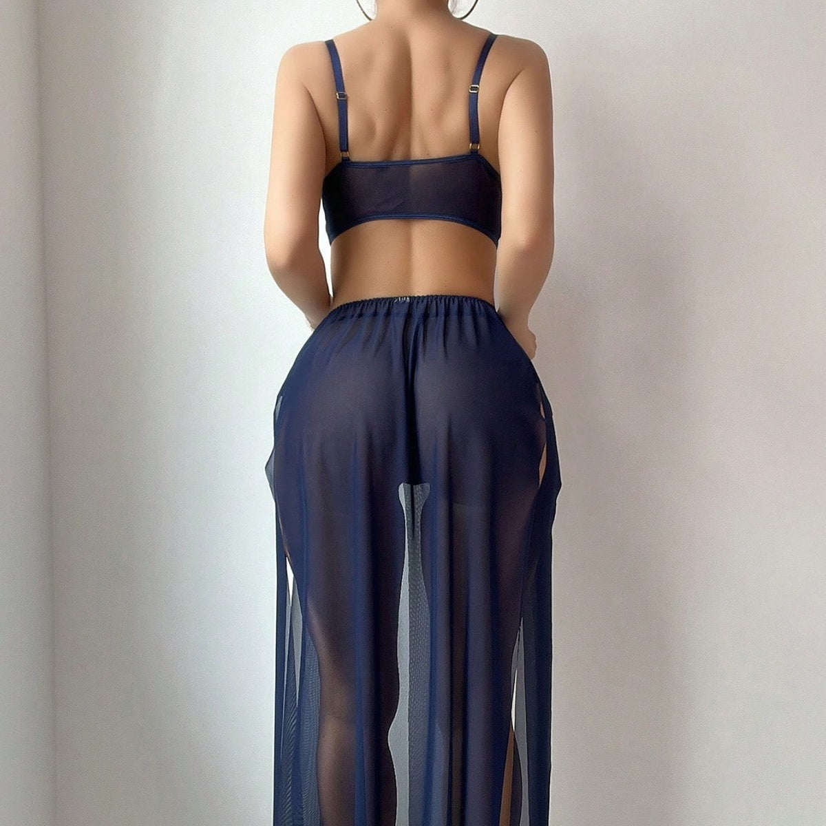 Sheer Mesh Metal Ring Embellished Slit Skirt Set