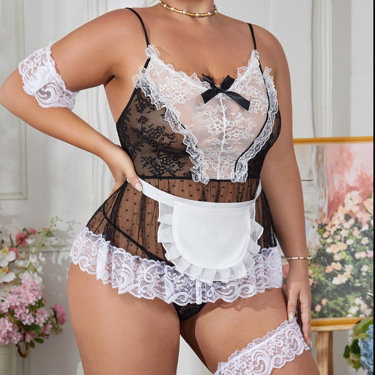 Plus Size Maid Costume Sexy Sling Lace Seduction Night Skirt Suit