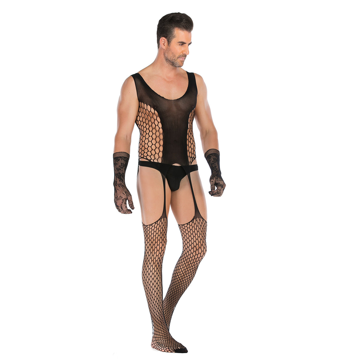 Men's Crotchless See-through Fishnet Bodysuit With Lace Gloves Set