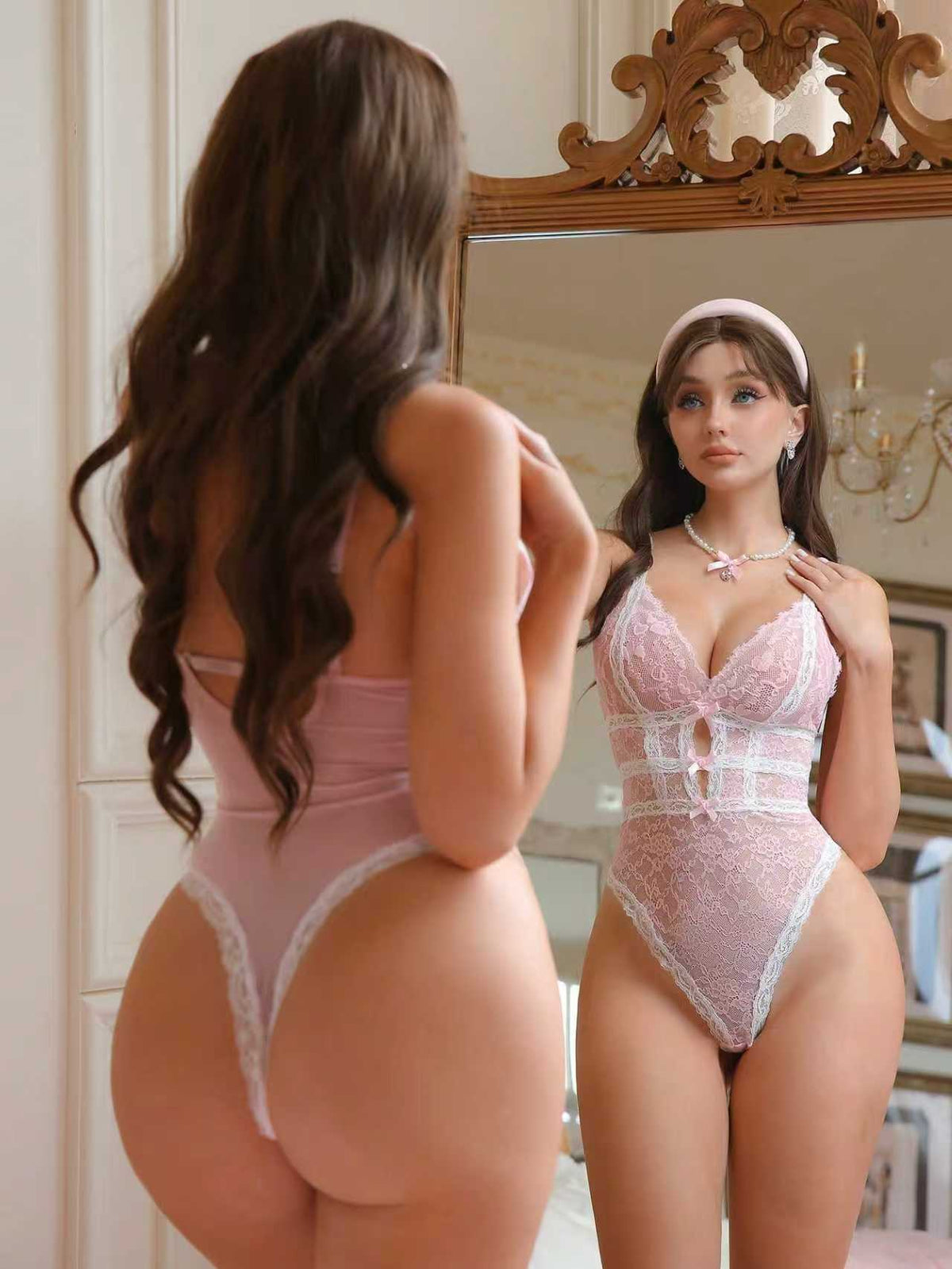 Deep V Sheer Pink Bow Lace Bodysuit