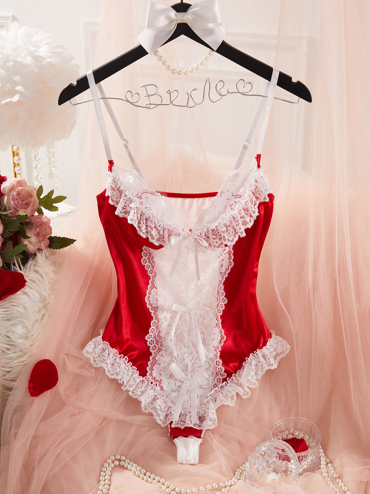 Lace Bow Sheer Satin Bodysuit