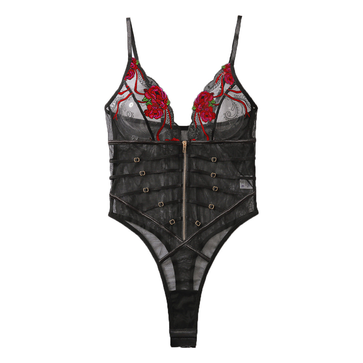 Sexy Lace Mesh Transparent V-neck Hollow-out Erotic Sling Bodysuit