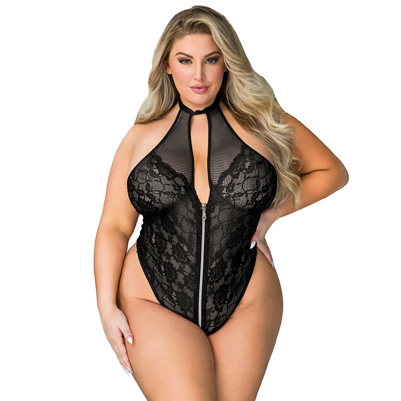 Plus Size Women's Erotic Lingerie Hanging-neck Backless Faux Leather Sexy Open-chest One-piece
