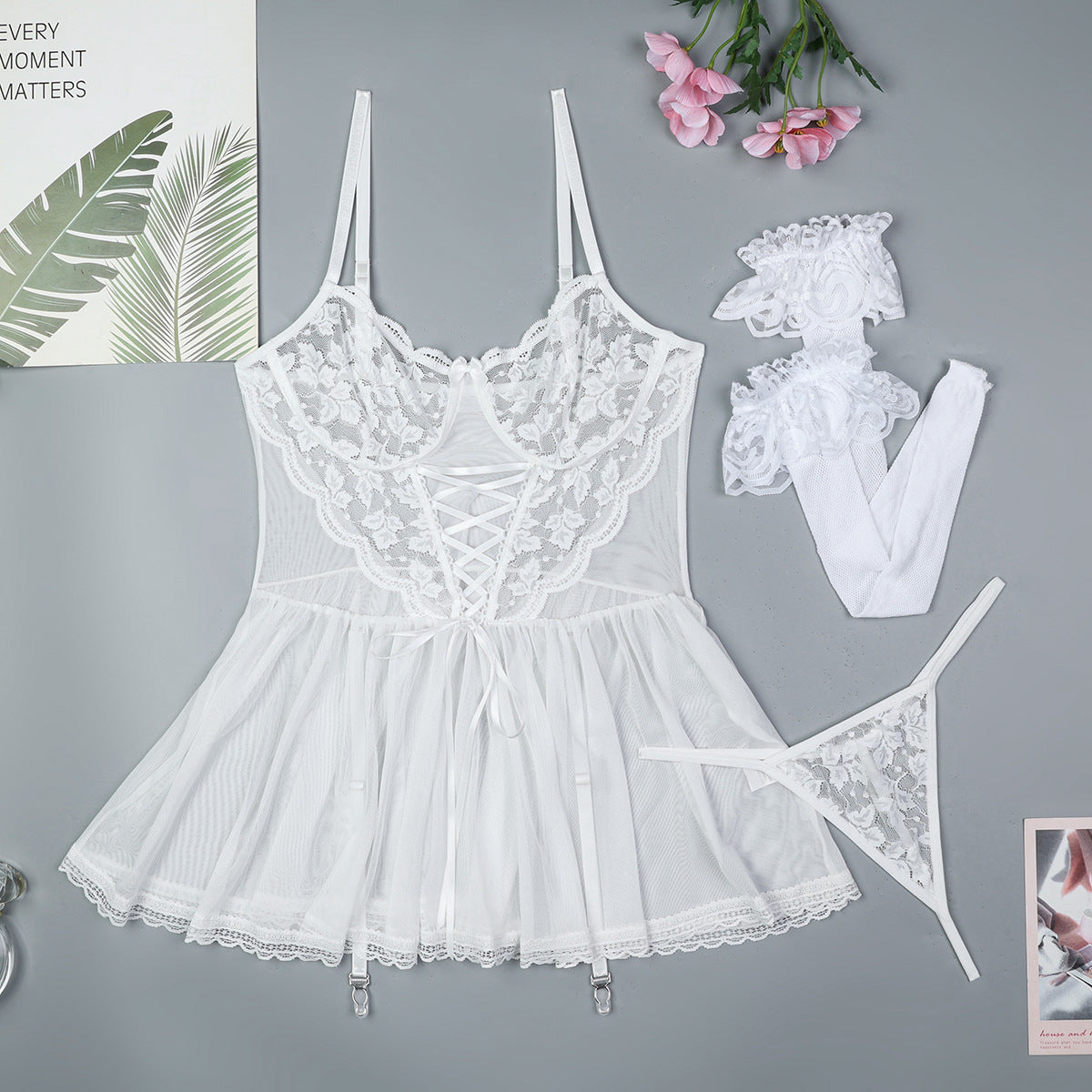 Lace Band Cross Sexy Suspenders Mesh See-through Dress Suit