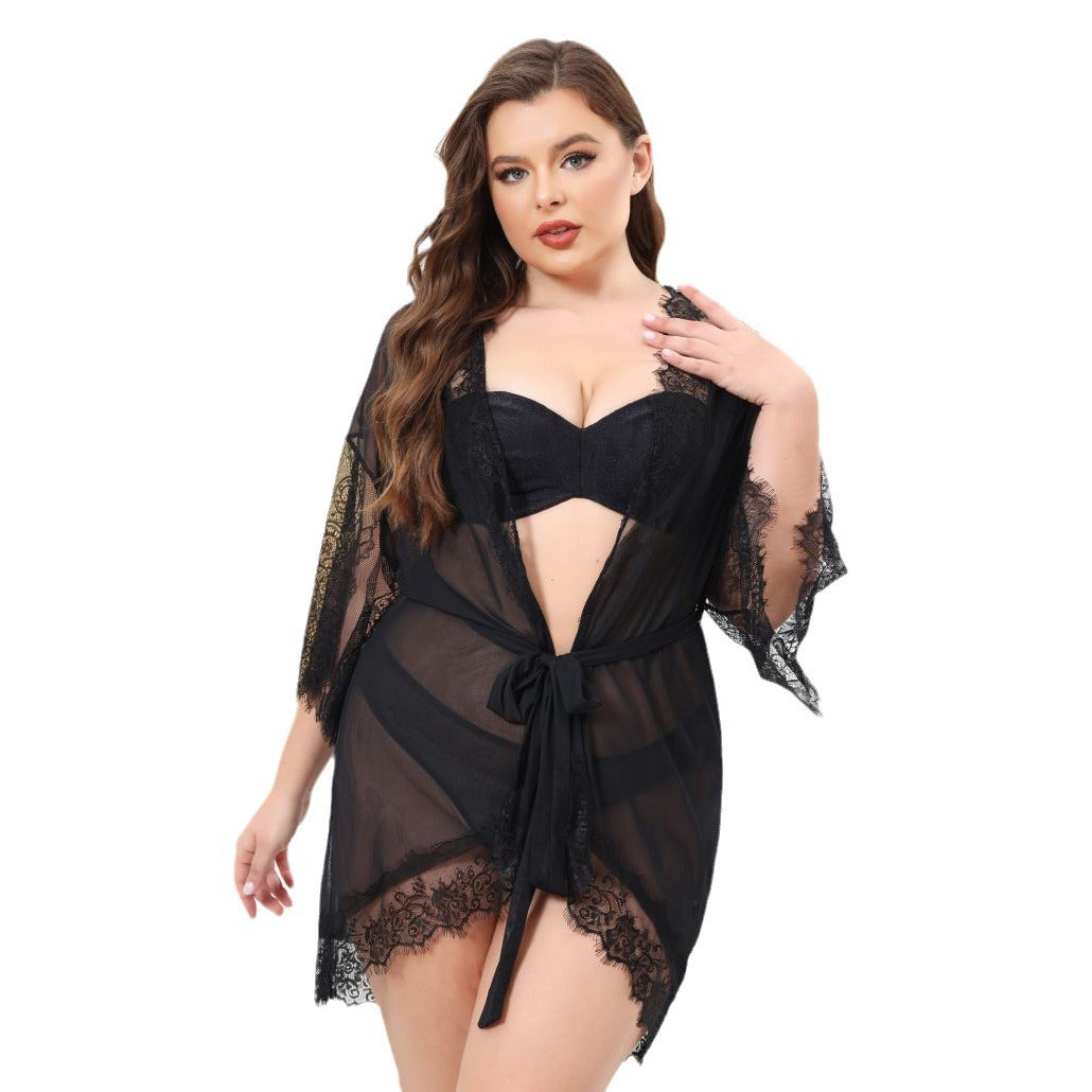 Plus-Size See-Through Erotic Lingerie Robe Sexy Erotic Set