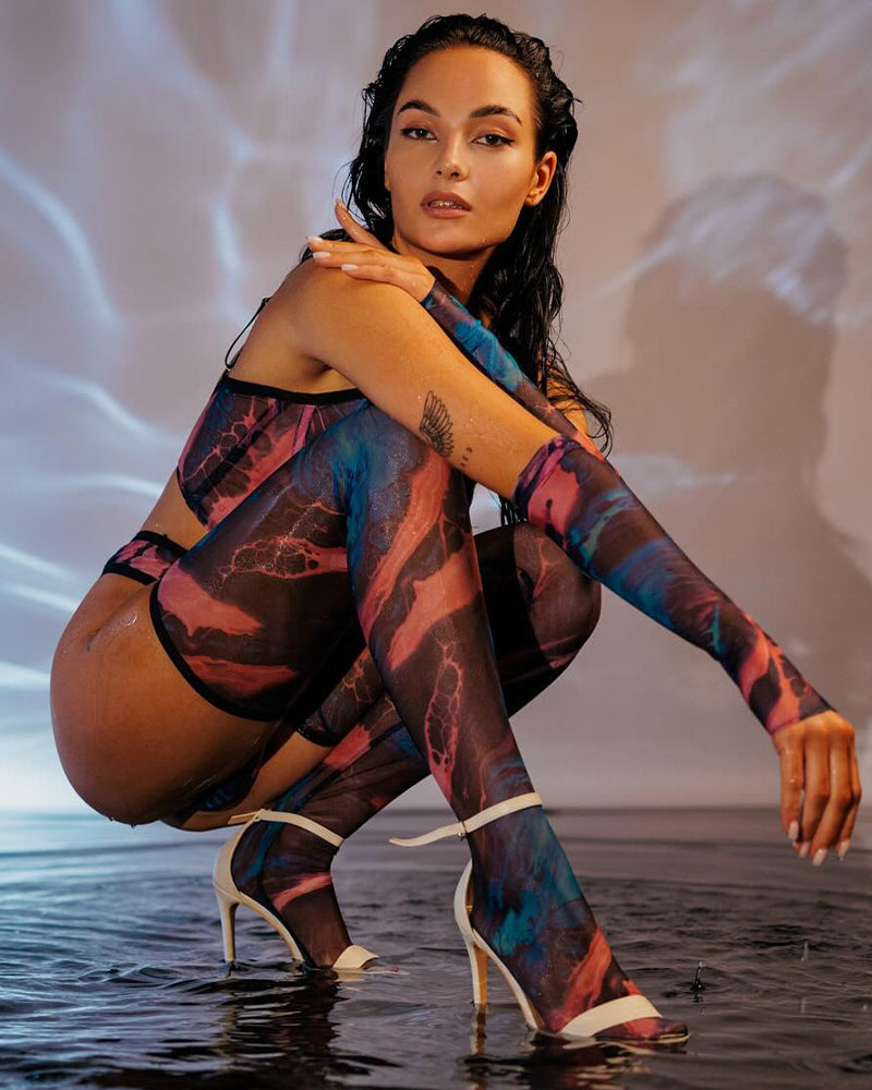 Watercolor Mesh Lingerie Set with Gloves and Hold-Ups