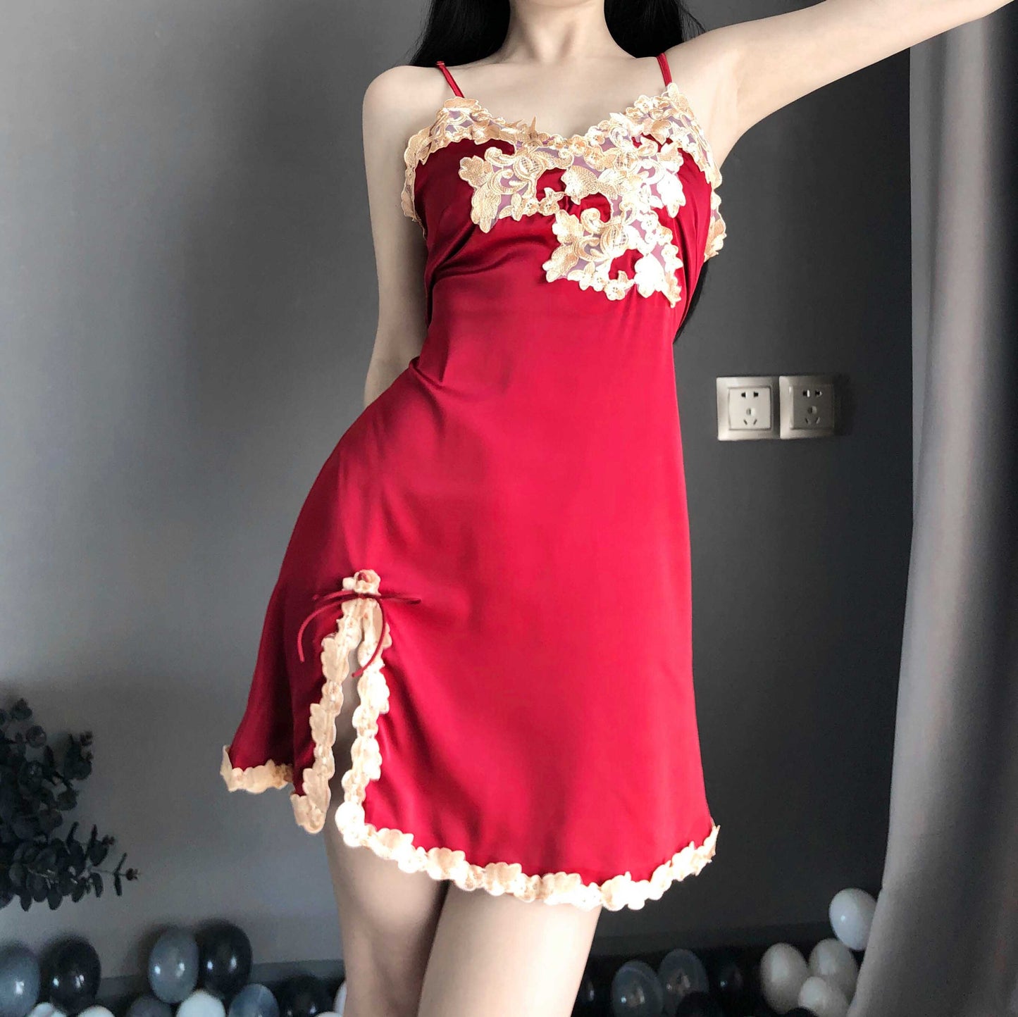 T-2435 Satin-embroidered skirt seduces a glamorous deep V sexy slip nightdress - Quusvik