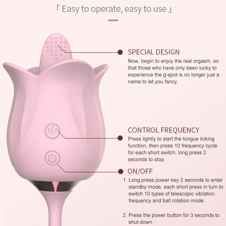 Quusvik- 3-in-1 Blooming Sexy Pink Rose Toy Rotating Pearls Telescopic Tongue-licking Vibrator - Quusvik