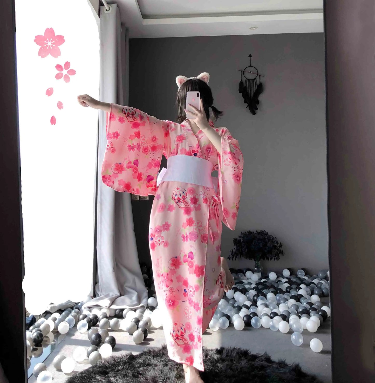 T-1140 Erotic lingerie chiffon vintage print kimono - Quusvik