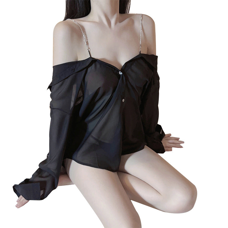 T-3069 Tiktok same style Tempting Night Sexy Transparent Strap Sleepwear Shirt - Quusvik