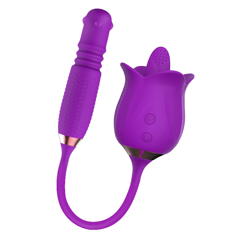 Quusvik- 3-in-1 Blooming Sexy Pink Rose Toy Rotating Pearls Telescopic Tongue-licking Vibrator - Quusvik