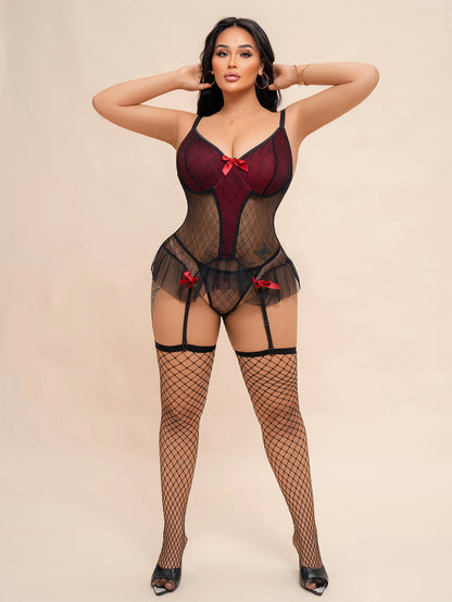 Plus-size Bow-tie Fishnet See-through Sexy Bodysuit