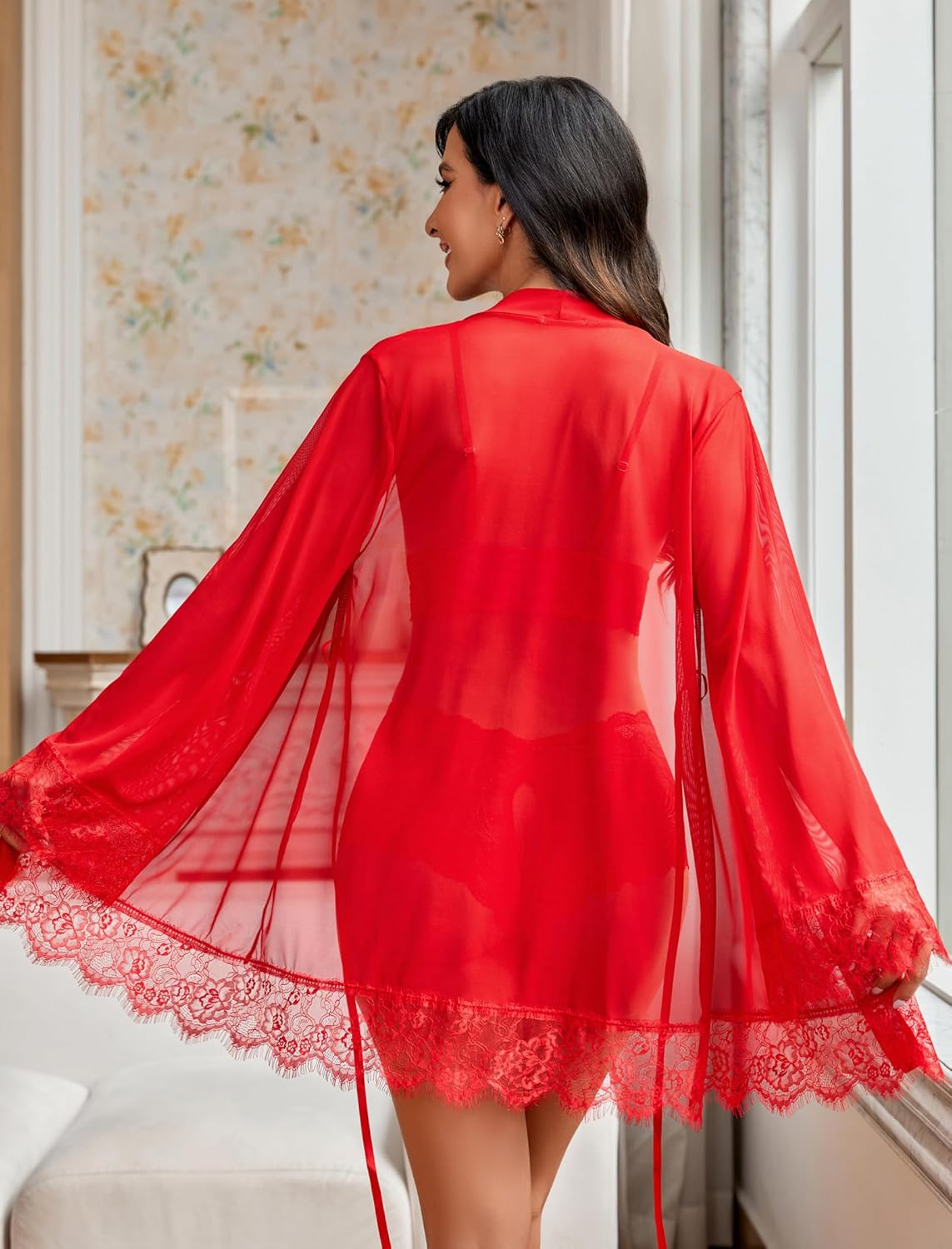 Women's Alluring 3-Piece Lingerie Set Sheer Lace Kimono Robe Matching Bra Panty