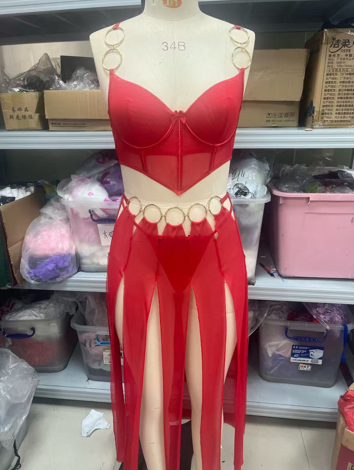 Sheer Mesh Metal Ring Embellished Slit Skirt Set