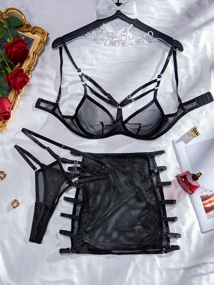 Sexy 3-Piece Lingerie Ensemble Sheer Mesh Underwire Cut-Out Booty-Hugging Mini Skirt Alluring Appeal