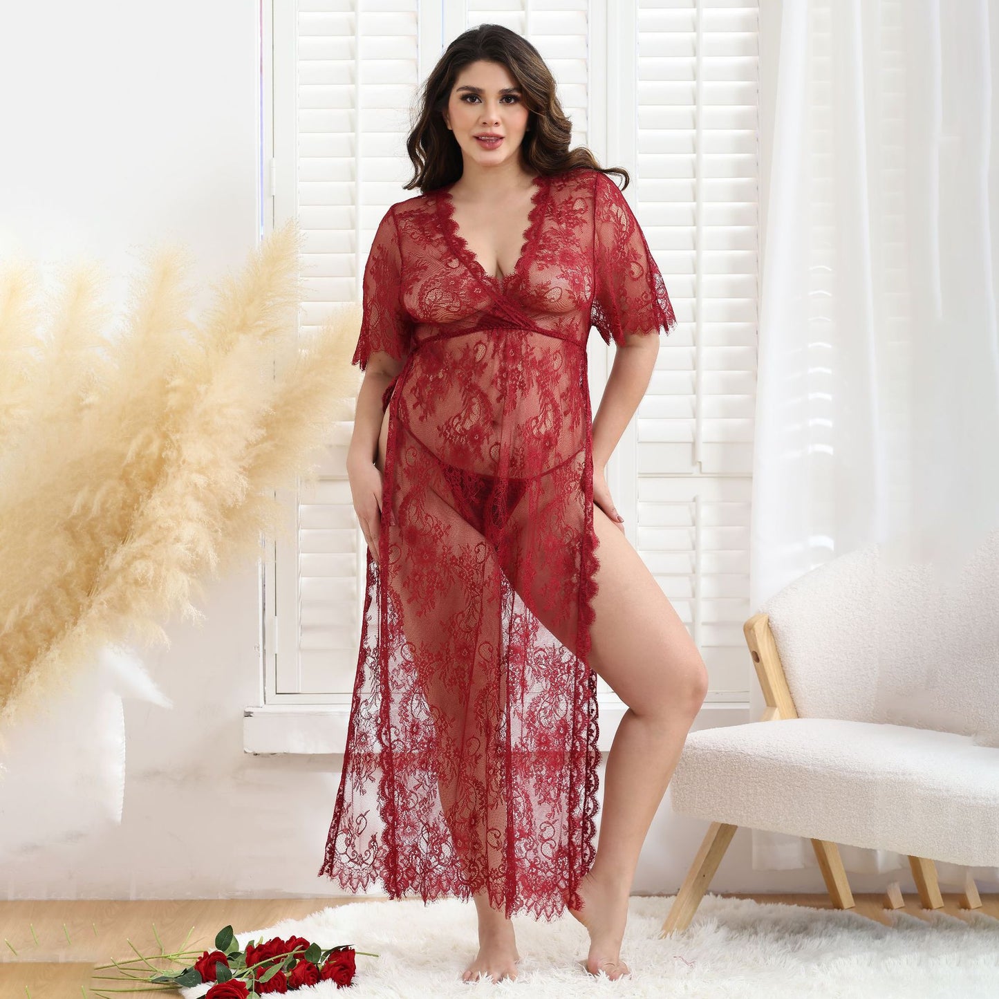 Lace Mesh See-through Sexy Big Dress Sexy Long-Sleeved Suit