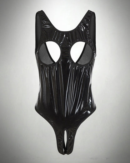 PU Leather Crotchless Cupless Teddy