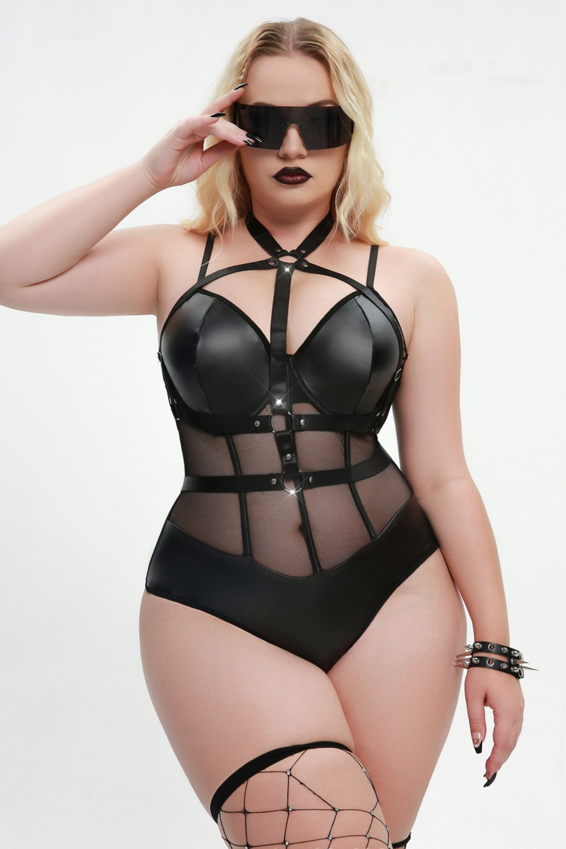 Plus Size PU Leather Fishnet Bodysuit