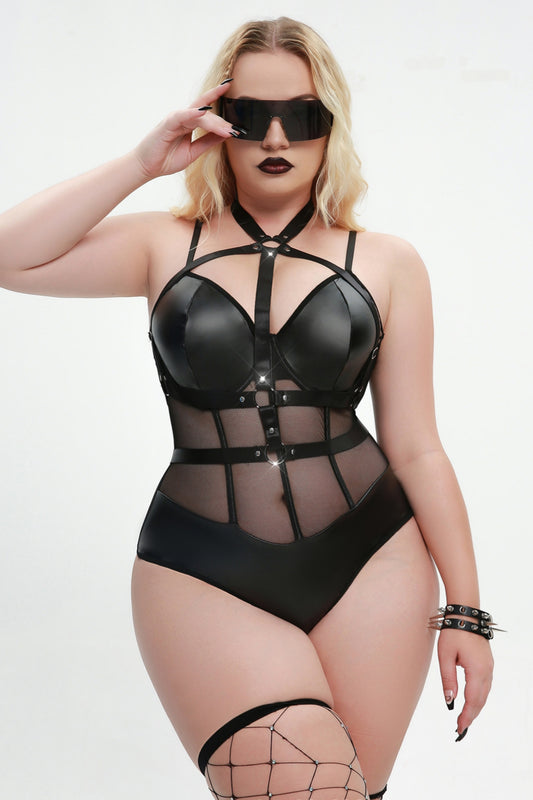 Plus Size PU Leather Fishnet Bodysuit