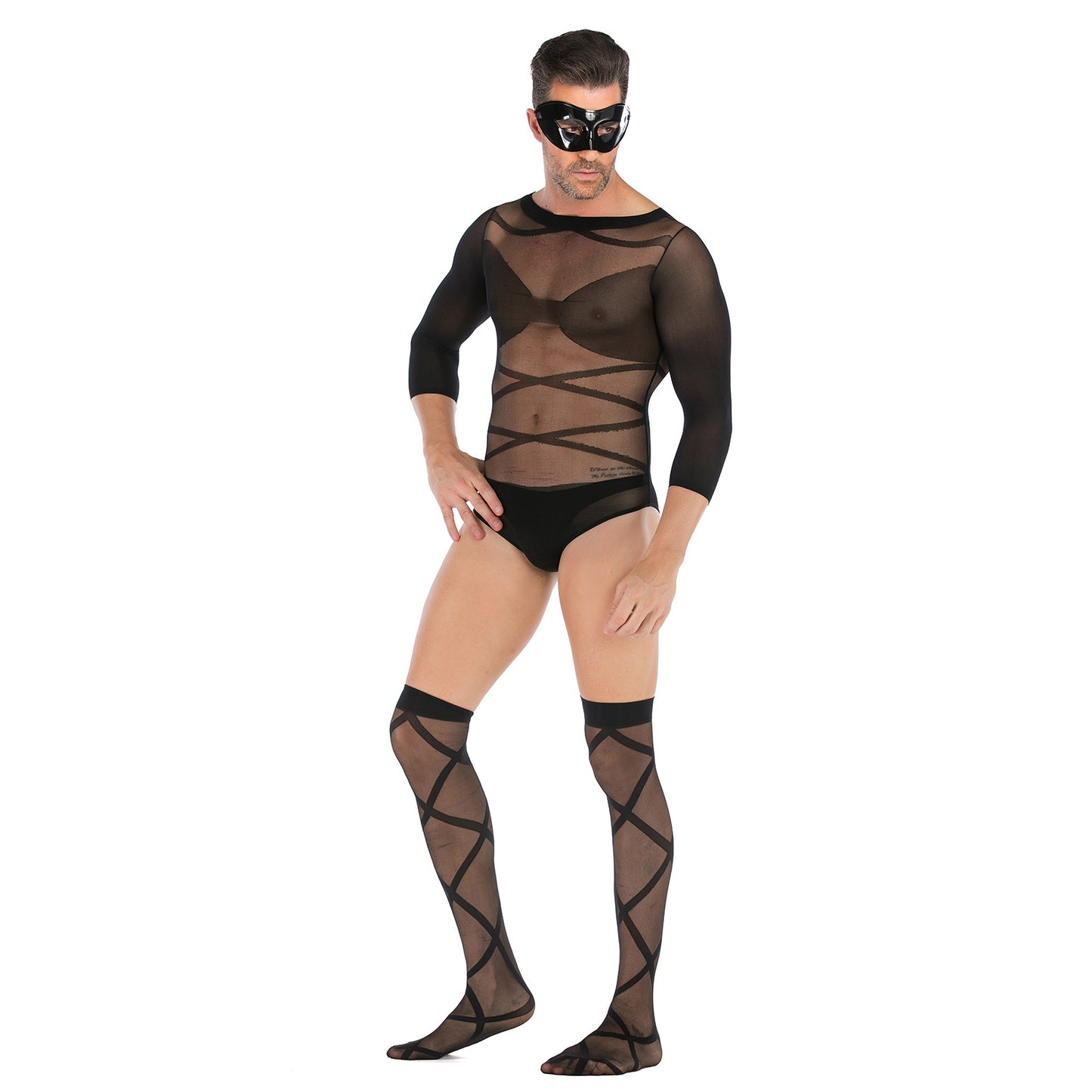Men's Long-sleeved See-through Fishnet Suit With Cross-striped Stockings And Mask Set