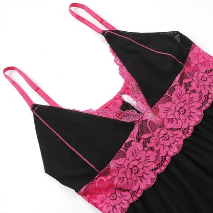 Deep V-Neck Erotic Pajamas Sexy Lingerie with Flower Lace Sleep Dress