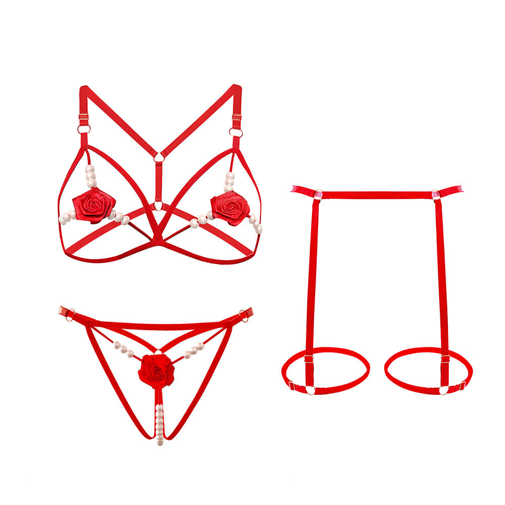 Rose Beaded Three-piece Hollowed-out Lingerie Set