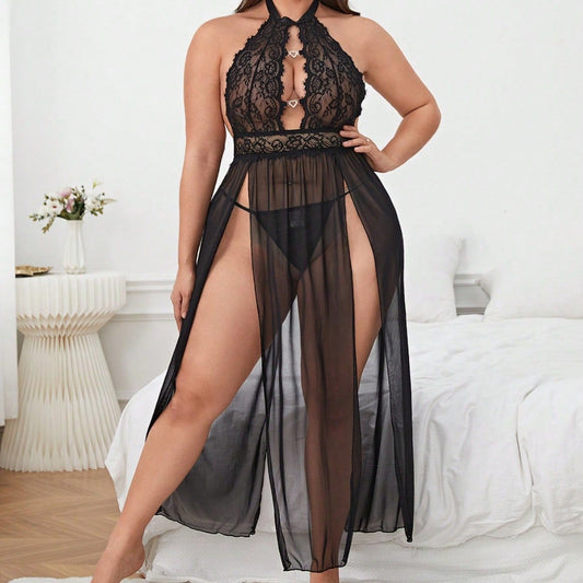 Erotic Lingerie Long Dress Set Sexy Mesh See-Through Lace Backless Design