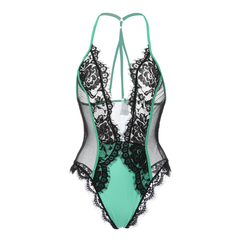 Plus-Size Sexy Lace Mesh See-Through Halter Jumpsuit Lingerie