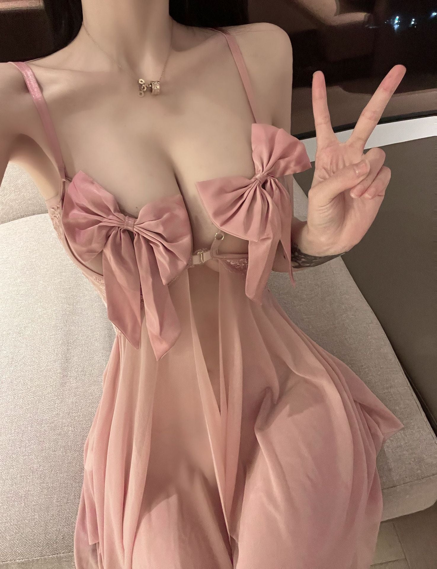 See-through bow halter sexy nightdress mesh deep V chest bag dress - Quusvik