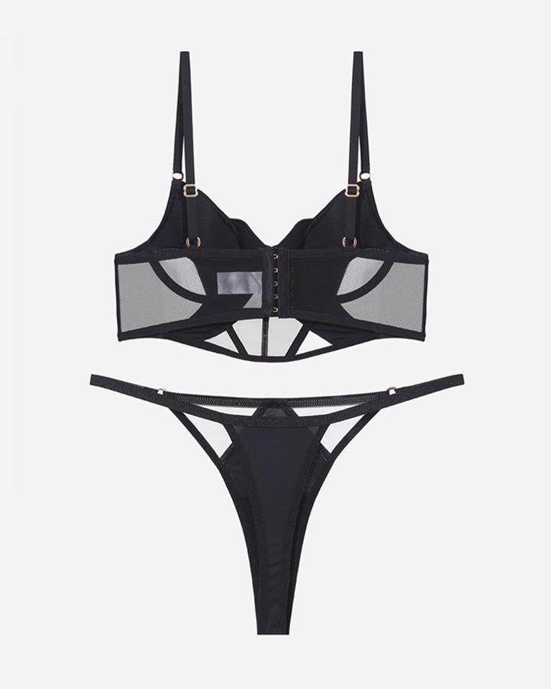 Push Up Mesh Hollow Bra and Thong Set
