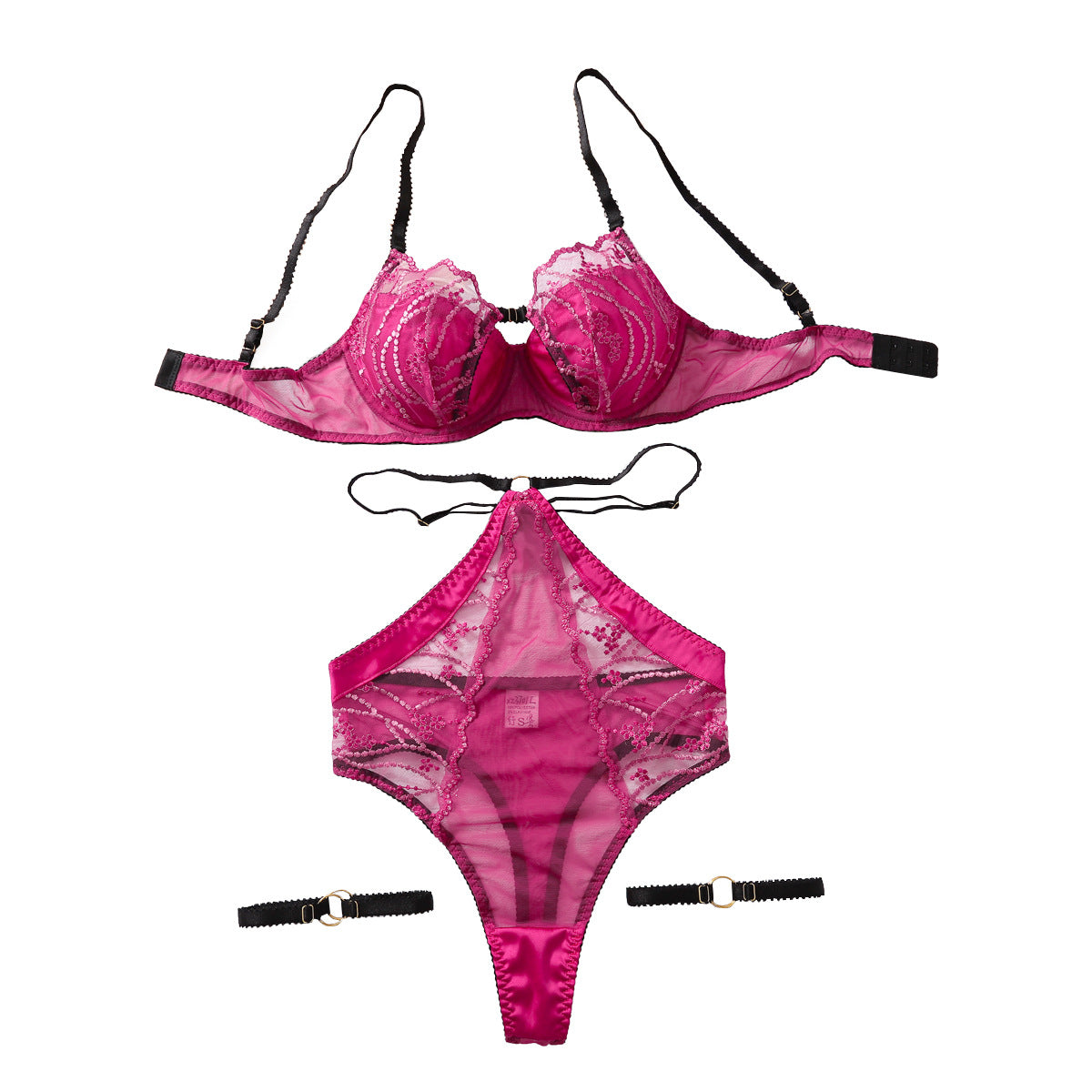 Erotic Lingerie Set See-Through Comfortable Mesh Push-Up Bra Three-Piece Set